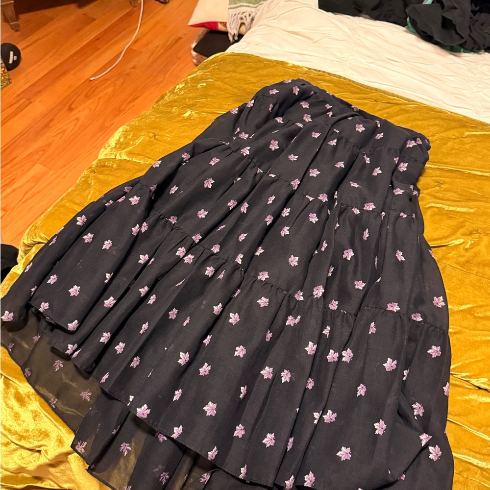 Vintage Black Tiered Midi Skirt with Pink leaf Embroidery